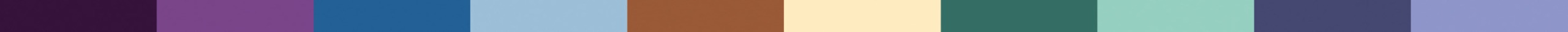 Farbpalette für Vinion Edition mit Violett, Blau, Braun, Creme, Grün und Minttönen.