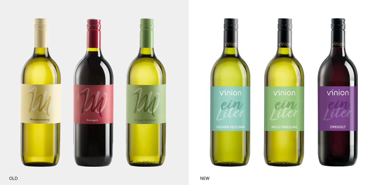 Comparison of old Vinion one-liter wine bottles and new Vinion bottles with colored labels for Grüner Veltliner, Welschriesling and Zweigelt.