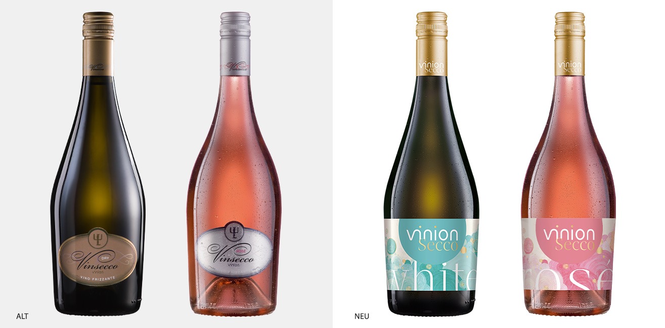 Gegenüberstellung alter Vinsecco Flaschen und neuer Vinion Secco Flaschen in White und Rosé.